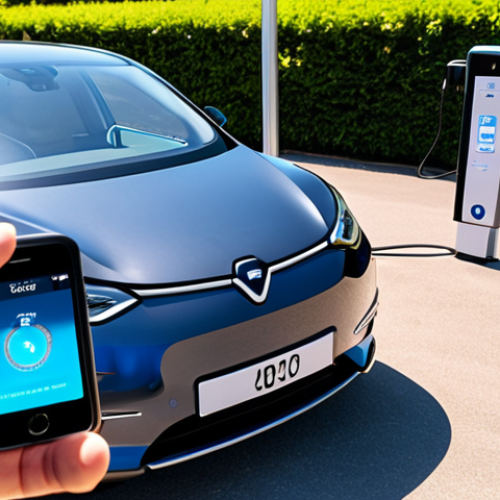 Home 16 **Electric Vehicle Battery Health**: Create an image depicting a person checking the battery status of an electric vehicle using a mobile app. Include visual elements like a battery icon, a range indicator, and a backdrop of a sunny day to represent temperature impact on battery health.