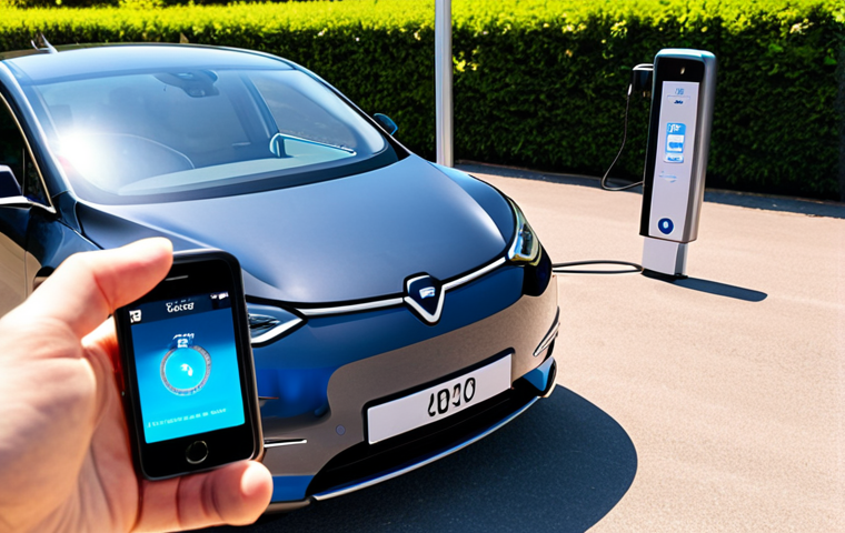 **Electric Vehicle Battery Health**: Create an image depicting a person checking the battery status of an electric vehicle using a mobile app. Include visual elements like a battery icon, a range indicator, and a backdrop of a sunny day to represent temperature impact on battery health.