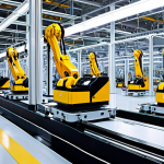 **Prompt 1: Factory Floor Transformation**
    "A wide-angle shot of a futuristic, pristine electric vehicle (EV) assembly line. Large, highly precise robotic arms are meticulously lifting and integrating a massive battery pack into an EV chassis. The factory floor is exceptionally clean and brightly lit, reflecting an emphasis on precision and advanced software integration. In the soft background, subtly visible, an older, empty production line for internal combustion engines stands as a symbolic contrast, highlighting the industrial shift. The scene emphasizes automation, scale, and high-tech efficiency in a quiet, modern manufacturing environment. Style: industrial realism, high detail, clean aesthetics."